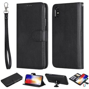 huismerk Voor iPhone X / XS Effen Kleur Horizontale Flip Beschermhoes met Houder & Card Slots & Wallet & Photo Frame & Lanyard(Zwart)