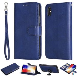 huismerk Voor iPhone X / XS Effen Kleur Horizontale Flip Beschermhoes met Houder & Kaartsleuven & Wallet & Photo Frame & Lanyard(Blauw)