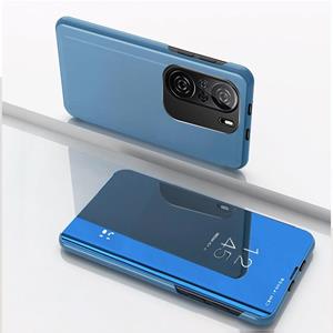 huismerk Voor Redmi K40/K40 Pro/K40 Pro+/Poco F3 Vergulde Spiegel Horizontale Flip Lederen Koffer met Houder (Blauw)