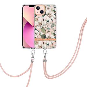 huismerk Bloemen Serie TPU Telefoonhoesje met Lanyard voor iPhone 13 (Green Gardenia)