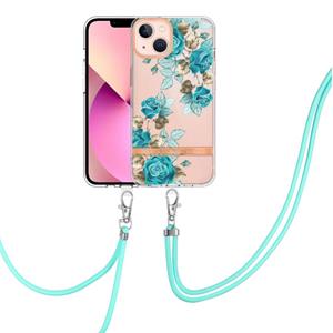 huismerk Flowers Series TPU Telefoonhoesje met Lanyard voor iPhone 13 (Blue Rose)