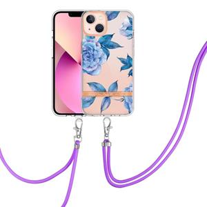 huismerk Flowers Series TPU Telefoonhoesje met Lanyard voor iPhone 13 (Blue Peony)