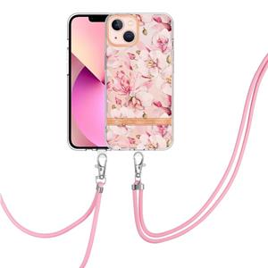 huismerk Flowers Series TPU Telefoonhoesje met Lanyard voor iPhone 13 (Pink Gardenia)