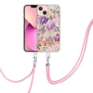 huismerk Flowers Series TPU-telefoonhoesje met Lanyard voor iPhone 13 (Purple Peony)