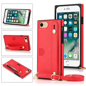 huismerk Voor iPhone 6 Polsband PU+TPU Schokbestendige beschermhoes met Crossbody Lanyard & Holder & Card Slot(Rood)