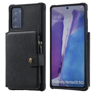 huismerk Rits schokbestendige beschermhoes met kaartslots & beugel & fotohouder & portemonneefunctie voor Samsung Galaxy Note20(Zwart)