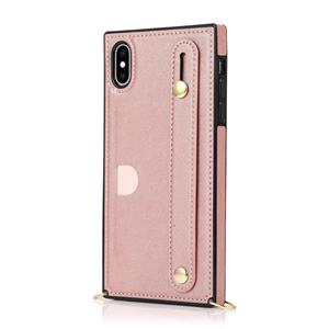 huismerk Voor iPhone XS / X Polsband PU+TPU Schokbestendige beschermhoes met Crossbody Lanyard & Holder & Card Slot (Rose Gold)