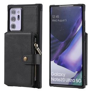 huismerk Rits schokbestendige beschermhoes met kaartslots & beugel & fotohouder & portemonneefunctie voor Samsung Galaxy Note20 Ultra(Zwart)