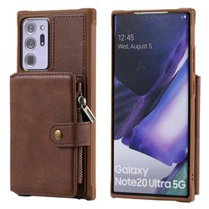 huismerk Rits schokbestendige beschermhoes met kaartslots & beugel & fotohouder & portemonneefunctie voor Samsung Galaxy Note20 Ultra(koffie)