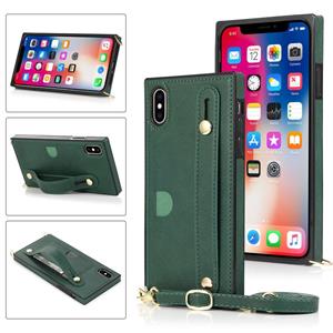 huismerk Voor iPhone XS / X Polsband PU+TPU Schokbestendige beschermhoes met Crossbody Lanyard & Holder & Card Slot(Groen)