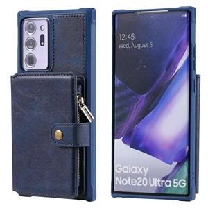 huismerk Rits schokbestendige beschermhoes met kaartslots & beugel & fotohouder & portemonneefunctie voor Samsung Galaxy Note20 Ultra(Blauw)