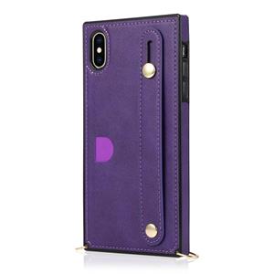 huismerk Voor iPhone XS / X Polsband PU+TPU Schokbestendige beschermhoes met Crossbody Lanyard & Holder & Card Slot(Paars)