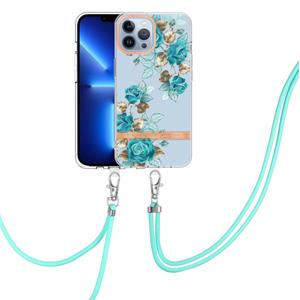 huismerk Flowers Series TPU telefoonhoesje met lanyard voor iphone 13 pro max (blauw roos)