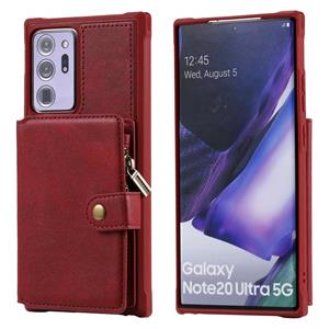 huismerk Rits schokbestendige beschermhoes met kaartslots & beugel & fotohouder & portemonneefunctie voor Samsung Galaxy Note20 Ultra(Rood)