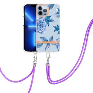 huismerk Flowers Series TPU Telefoonhoesje met Lanyard voor iPhone 13 Pro Max (Blue Peony)