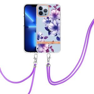 huismerk Flowers Series TPU telefoonhoesje met lanyard voor iphone 13 pro max (paarse begonia)