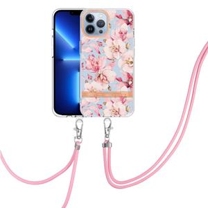 huismerk Flowers Series TPU telefoonhoesje met lanyard voor iphone 13 pro max (roze gardenia)