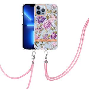 huismerk Flowers Series TPU telefoonhoesje met lanyard voor iphone 13 pro max (paarse pioen)