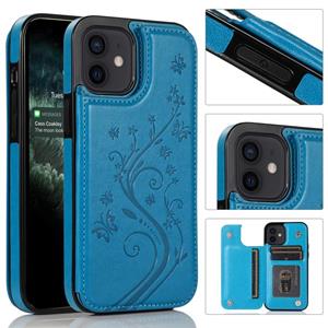 huismerk Butterflies Flowers Double Buckle PU + TPU Beschermhoes met houder & kaartslots & fotolijst voor iPhone 12 mini(Blauw)