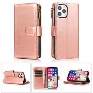 huismerk Multifunctionele Crazy Horse Textuur Horizontale Flip Leren Case met 9 Kaart Slot & Houder & Zipper Wallet & Lanyard voor iPhone 13 Mini (Rose Gold)