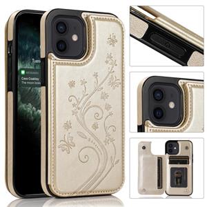 huismerk Butterflies Flowers Double Buckle PU + TPU Beschermhoes met houder & kaartslots & fotolijst voor iPhone 12 mini(Goud)