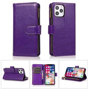 huismerk Multifunctionele Crazy Horse Textuur Horizontale Flip Leren Case met 9 Kaart Slot & Houder & Zipper Wallet & Lanyard voor iPhone 13 Mini (Paars)