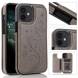 huismerk Butterflies Flowers Double Buckle PU + TPU Beschermhoes met houder & kaartslots & fotolijst voor iPhone 12 mini(Grijs)