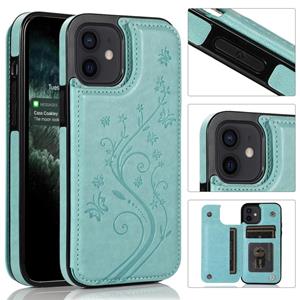 huismerk Butterflies Flowers Double Buckle PU + TPU Beschermhoes met Houder & KaartSlots & Fotolijst Voor iPhone 12 mini(Groen)