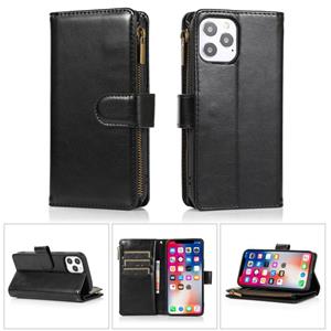 huismerk Multifunctionele Crazy Horse Textuur Horizontale Flip Leren Case met 9 Kaart Slot & Houder & Zipper Wallet & Lanyard voor iPhone 13 (Zwart)