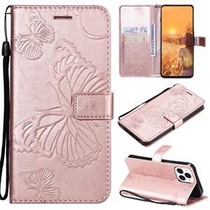 huismerk 3D Butterfly Embossed Pattern Horizontal Flip Leather Case with Holder & Card Slot & Wallet & Lanyard For iPhone 13 Pro Max(Rose Gold)