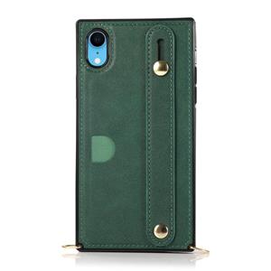 huismerk Voor iPhone XR polsband PU+TPU Schokbestendige beschermhoes met Crossbody Lanyard & Holder & Card Slot(Groen)