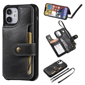 huismerk Schokbestendige horizontale flip beschermhoes met houder & kaartslots & portemonnee & fotolijst & korte lanyard voor iPhone 12 mini(zwart)