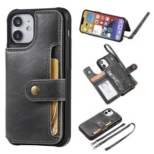 huismerk Schokbestendige horizontale flip beschermhoes met houder & kaartslots & portemonnee & fotolijst & korte lanyard voor iPhone 12 mini(Grijs)