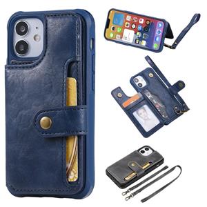 huismerk Schokbestendige horizontale flip beschermhoes met houder & kaart slots & portemonnee & foto frame & korte lanyard voor iPhone 12 mini (blauw)