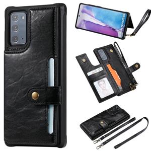 huismerk Schokbestendige horizontale flip beschermhoes met houder & kaartslots & portemonnee & fotolijst & korte lanyard voor Samsung Galaxy Note20(Zwart)