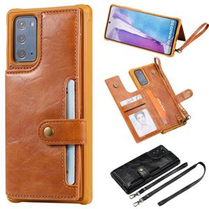 huismerk Schokbestendige horizontale flip beschermhoes met houder & kaartslots & portemonnee & fotolijst & korte lanyard voor Samsung Galaxy Note20(bruin)