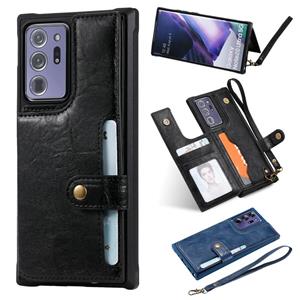 huismerk Schokbestendige horizontale flip beschermhoes met houder & kaartslots & portemonnee & fotolijst & korte lanyard voor Samsung Galaxy Note20 Ultra(Zwart