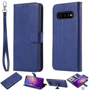 huismerk For Galaxy S10+ Solid Color Horizontal Flip Protective Case with Holder & Card Slots & Wallet & Photo Frame & Lanyard(Blue)