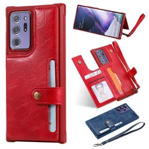 huismerk Schokbestendige horizontale flip beschermhoes met houder & kaartslots & portemonnee & fotolijst & korte lanyard voor Samsung Galaxy Note20 Ultra(Rood)