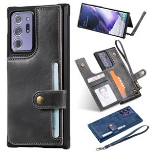 huismerk Schokbestendige horizontale flip beschermhoes met houder & kaartslots & portemonnee & fotolijst & korte lanyard voor Samsung Galaxy Note20 Ultra(Grijs