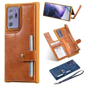 huismerk Schokbestendige horizontale flip beschermhoes met houder & kaartslots & portemonnee & fotolijst & korte lanyard voor Samsung Galaxy Note20 Ultra(bruin