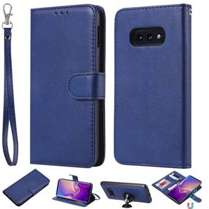 huismerk Voor Galaxy S10e Solid Color Horizontal Flip Protective Case met Holder & Card Slots & Wallet & Photo Frame & Lanyard(Blue)