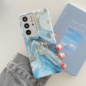 huismerk For Samsung Galaxy S22 5G Ring Holder Glitter Marble Phone Case(Platinum Blue)