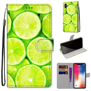 huismerk Gekleurde tekening Kruistextuur Horizontale Flip PU Lederen case met Holder & Card Slots & Wallet & Lanyard Voor iPhone XS / X(Green Lemon)