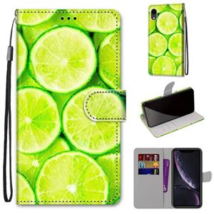 huismerk Gekleurde tekening Kruistextuur Horizontale Flip PU Lederen case met Holder & Card Slots & Wallet & Lanyard Voor iPhone XR(Green Lemon)