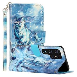 huismerk Voor Samsung Galaxy S22 Ultra 5G 3D Patroon Horizontale Flip PU lederen telefoonhoes (Sneeuwwolf)