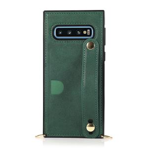 huismerk Voor Samsung Galaxy S10 polsband PU+TPU Schokbestendige beschermhoes met Crossbody Lanyard & Holder & Card Slot(Groen)