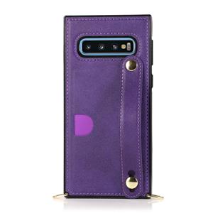 huismerk Voor Samsung Galaxy S10 polsband PU+TPU Schokbestendige beschermhoes met Crossbody Lanyard & Holder & Card Slot(Paars)