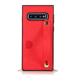 huismerk Voor Samsung Galaxy S10 polsband PU+TPU Schokbestendige beschermhoes met Crossbody Lanyard & Holder & Card Slot(Red)