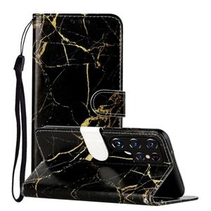 huismerk Voor Samsung Galaxy S22 Ultra 5G Gekleurde Tekening Marmeren Patroon PU Lederen Telefoonhoes (Black Gold Marble)